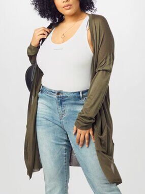 Scandinavian Fashion Kaffe Lightweight Long Sandra Open Cardigan Olive Green - M
